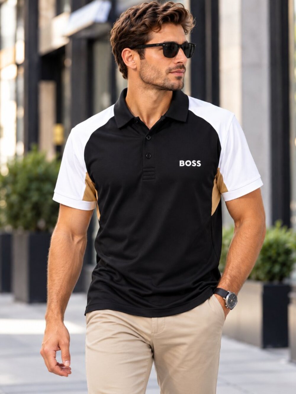 BOSS Active Paddy Color-Blocked Polo Shirt Mesh Inserts Black White Men’s M NWT